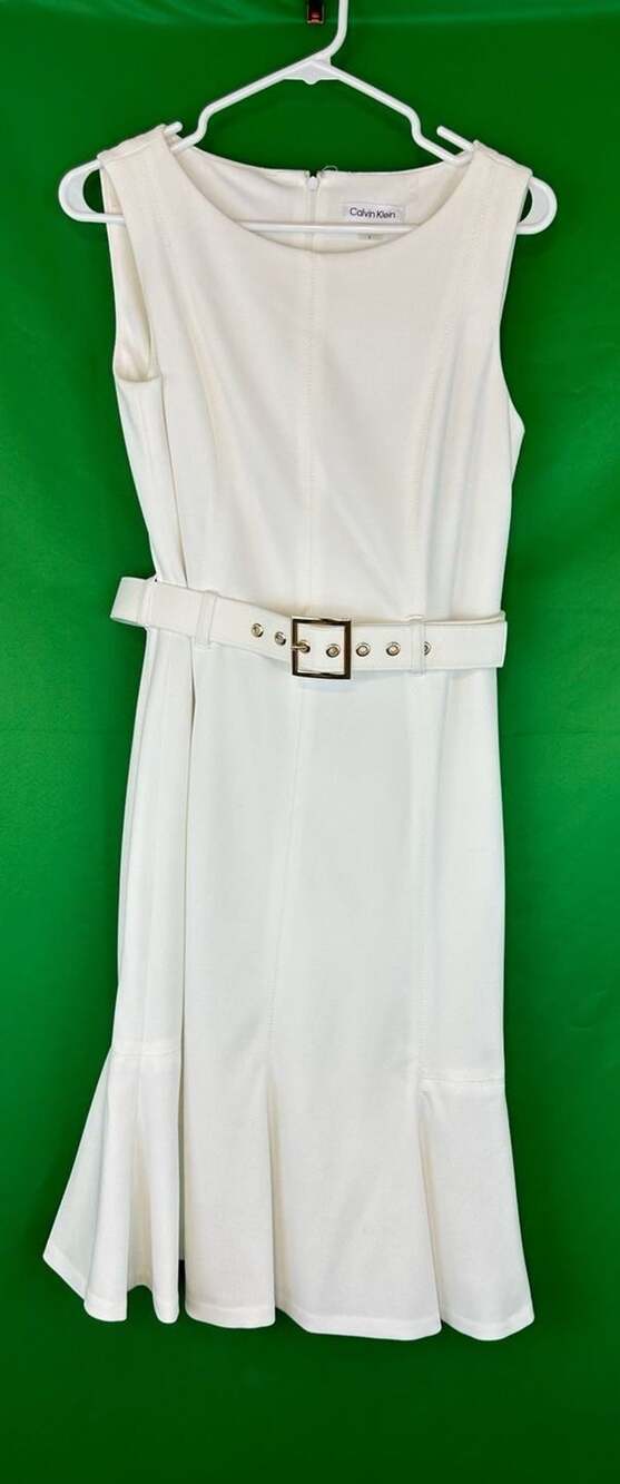 Calvin Klein Sleeveless Belted Dress Size 6 White